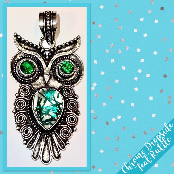 Diopside & Teal Rutile Owl Pendant (Green & Blue-Green) - Picture 2 of 4